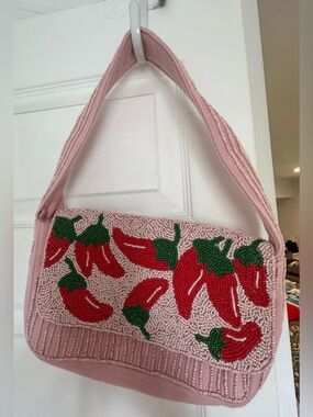 Pink Beaded Chili Pepper Shoulder Bag